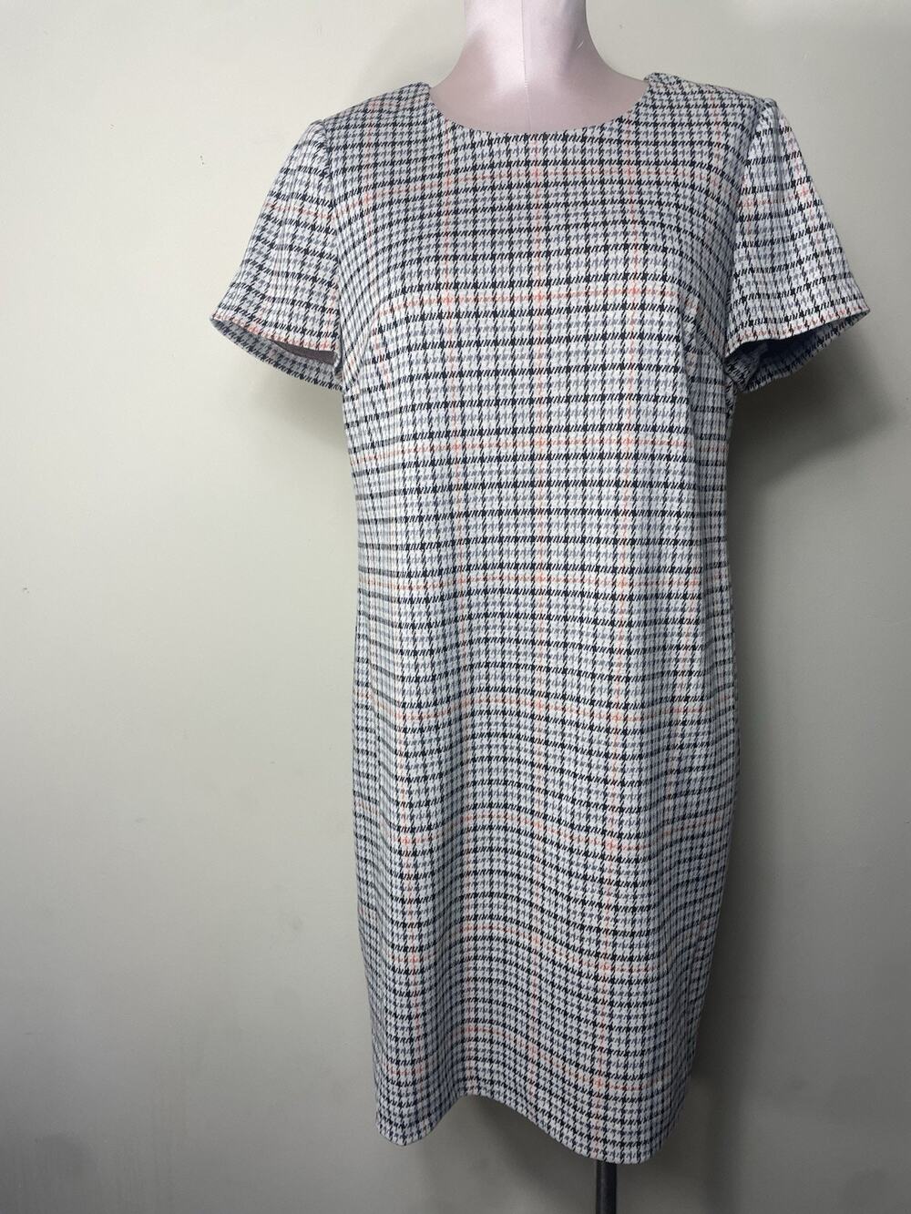 Calvin Klein Women's 12 Shift Dress Houndstooth Beige Black Preppy Academia NWOT